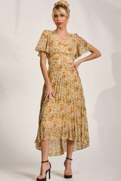 Printed Chiffon Pleated Maxi Dress, Yellow Floral