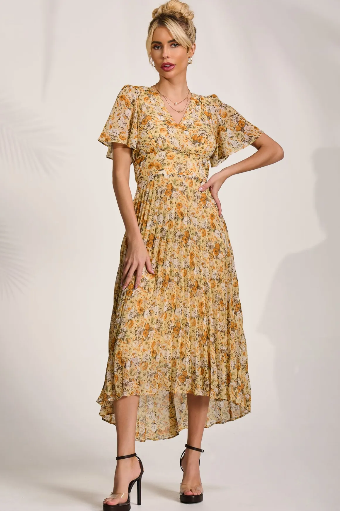 Printed Chiffon Pleated Maxi Dress, Yellow Floral