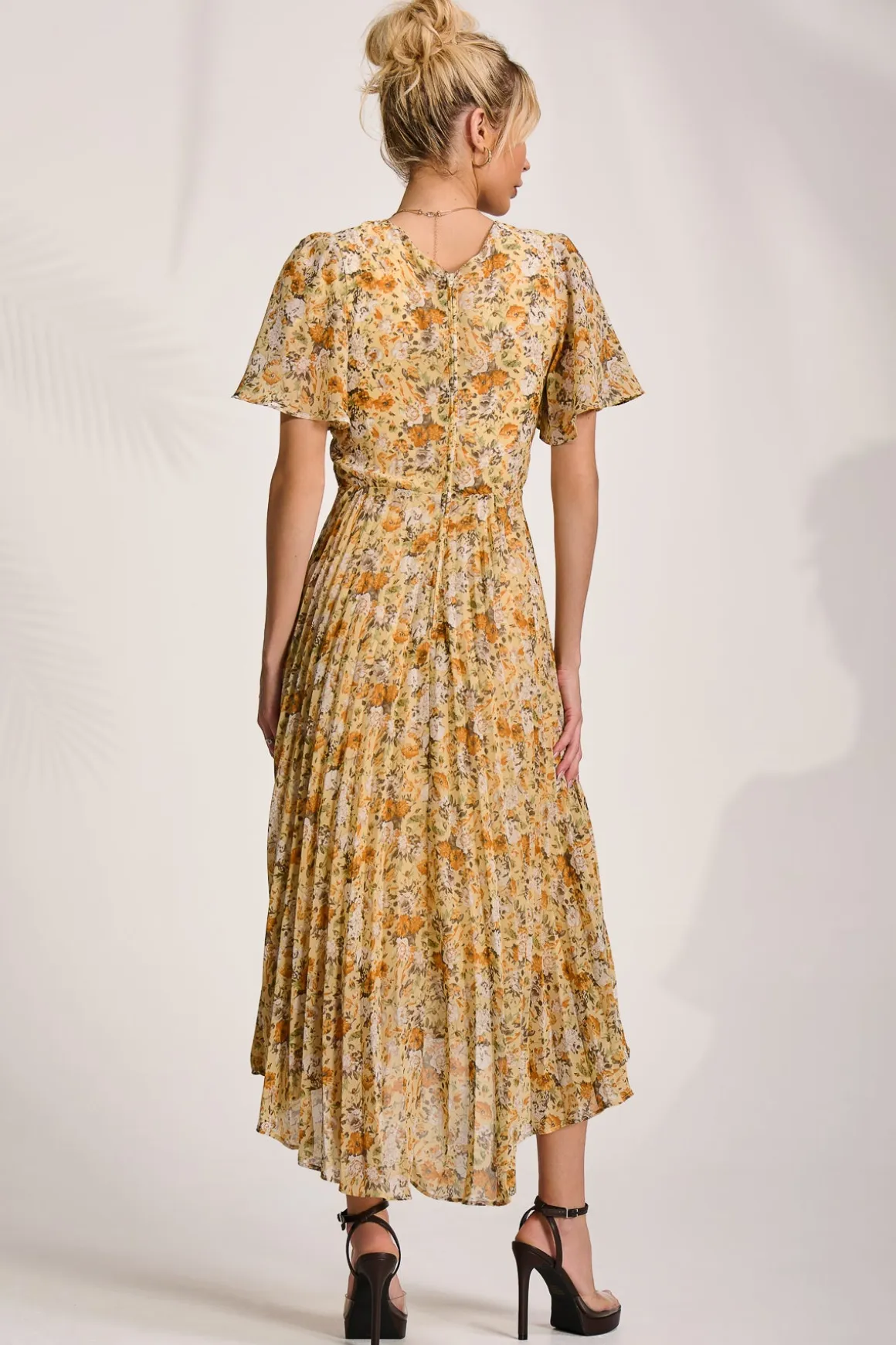 Printed Chiffon Pleated Maxi Dress, Yellow Floral