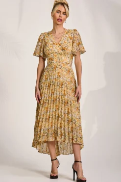 Printed Chiffon Pleated Maxi Dress, Yellow Floral