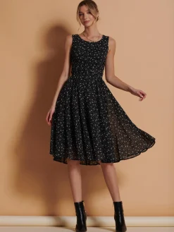 Printed Fit & Flare Dress, Black Star