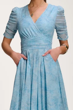 Printed Mesh Dip Hem Maxi Dress, Blue Abstract