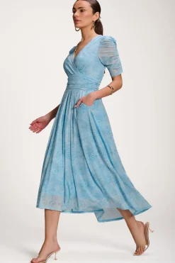 Printed Mesh Dip Hem Maxi Dress, Blue Abstract
