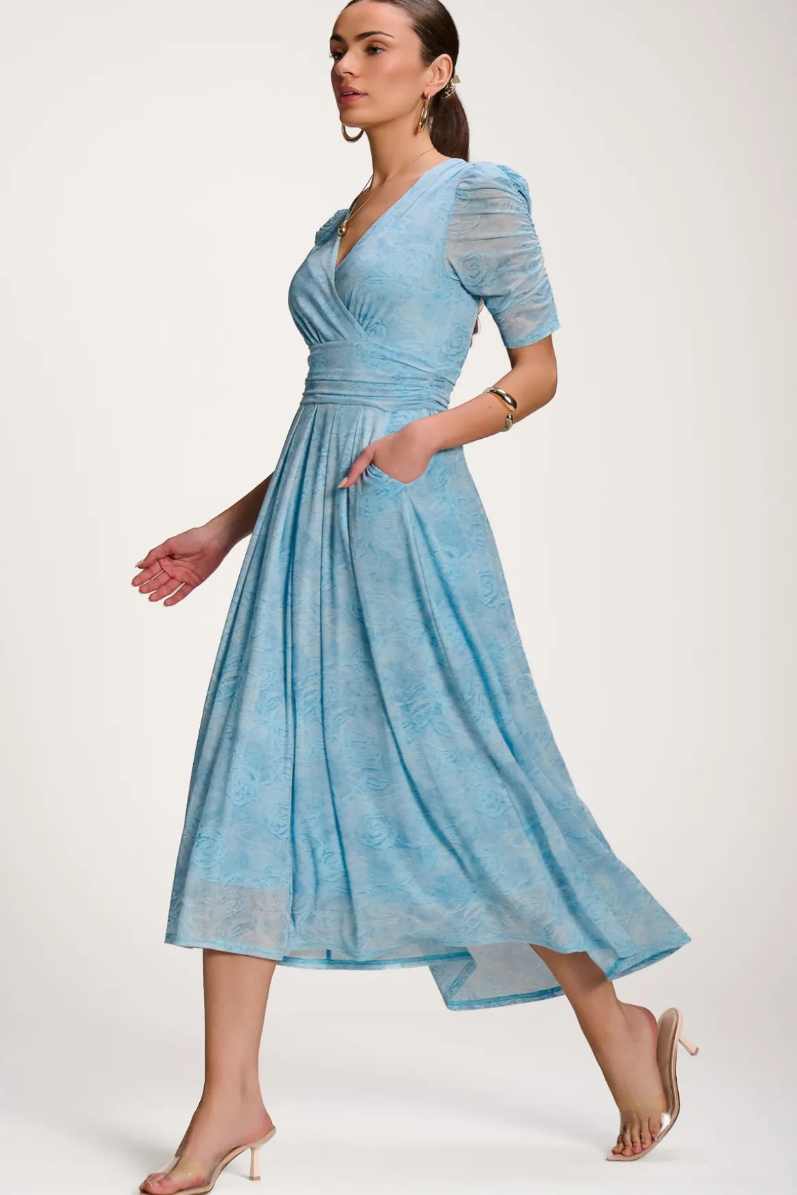 Printed Mesh Dip Hem Maxi Dress, Blue Abstract