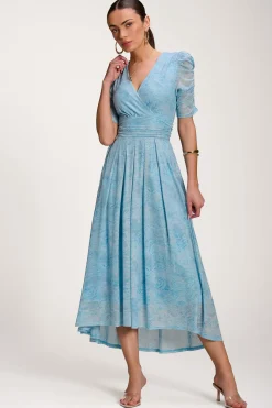 Printed Mesh Dip Hem Maxi Dress, Blue Abstract