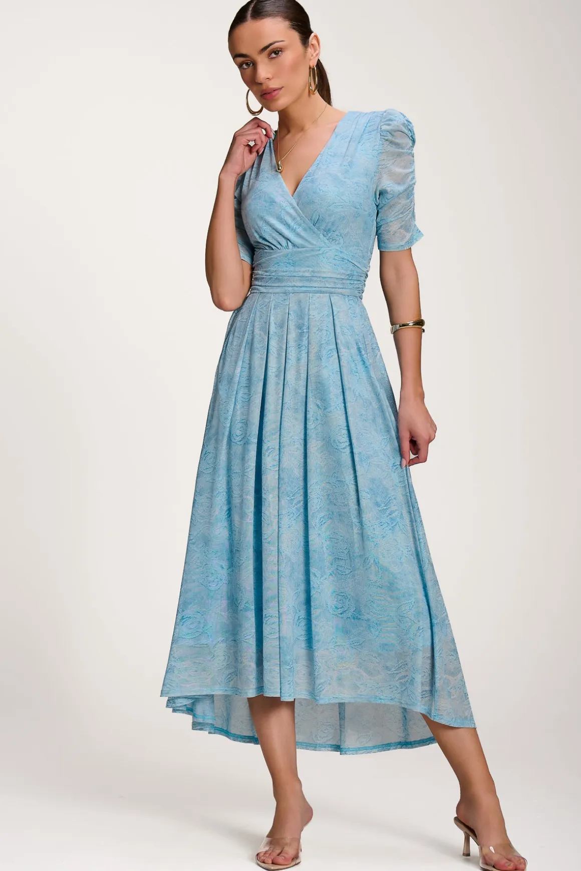 Printed Mesh Dip Hem Maxi Dress, Blue Abstract