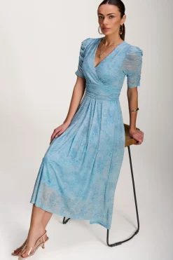 Printed Mesh Dip Hem Maxi Dress, Blue Abstract