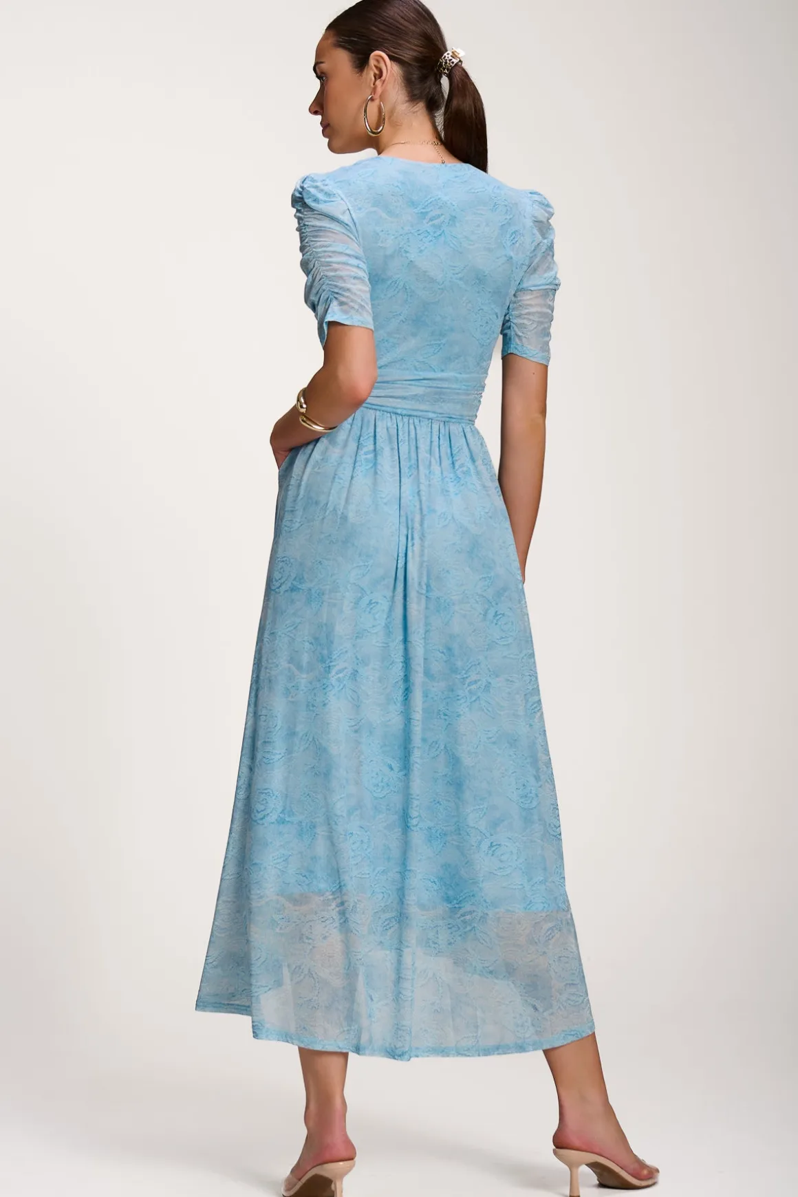 Printed Mesh Dip Hem Maxi Dress, Blue Abstract