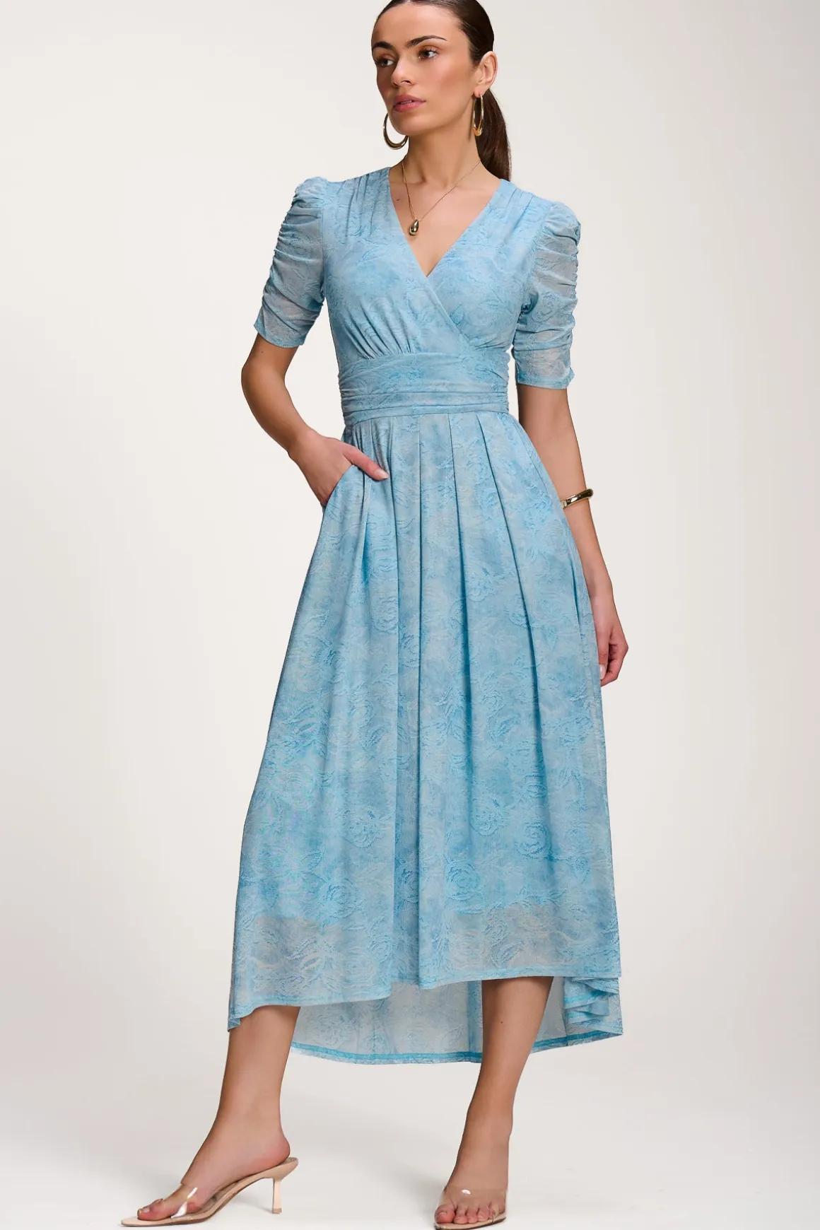 Printed Mesh Dip Hem Maxi Dress, Blue Abstract