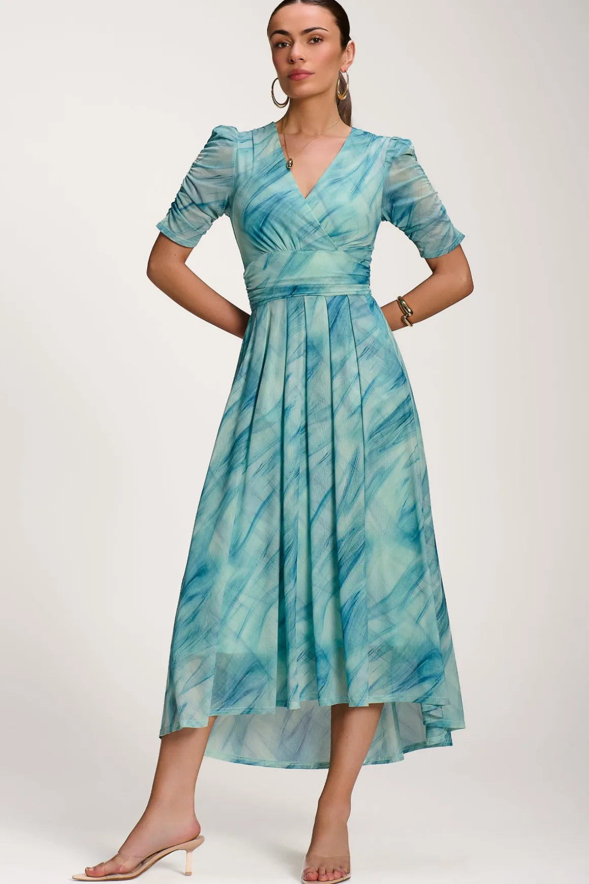 Printed Mesh Dip Hem Maxi Dress, Green Abstract