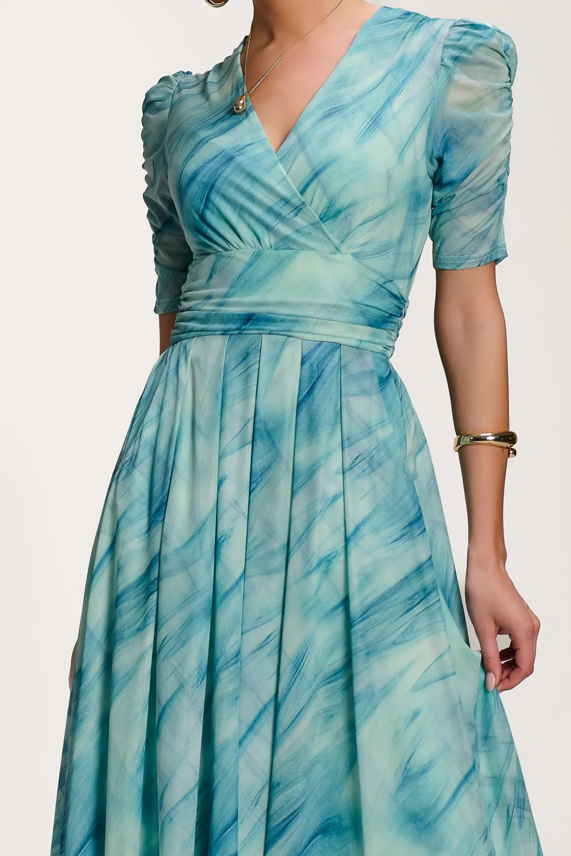 Printed Mesh Dip Hem Maxi Dress, Green Abstract