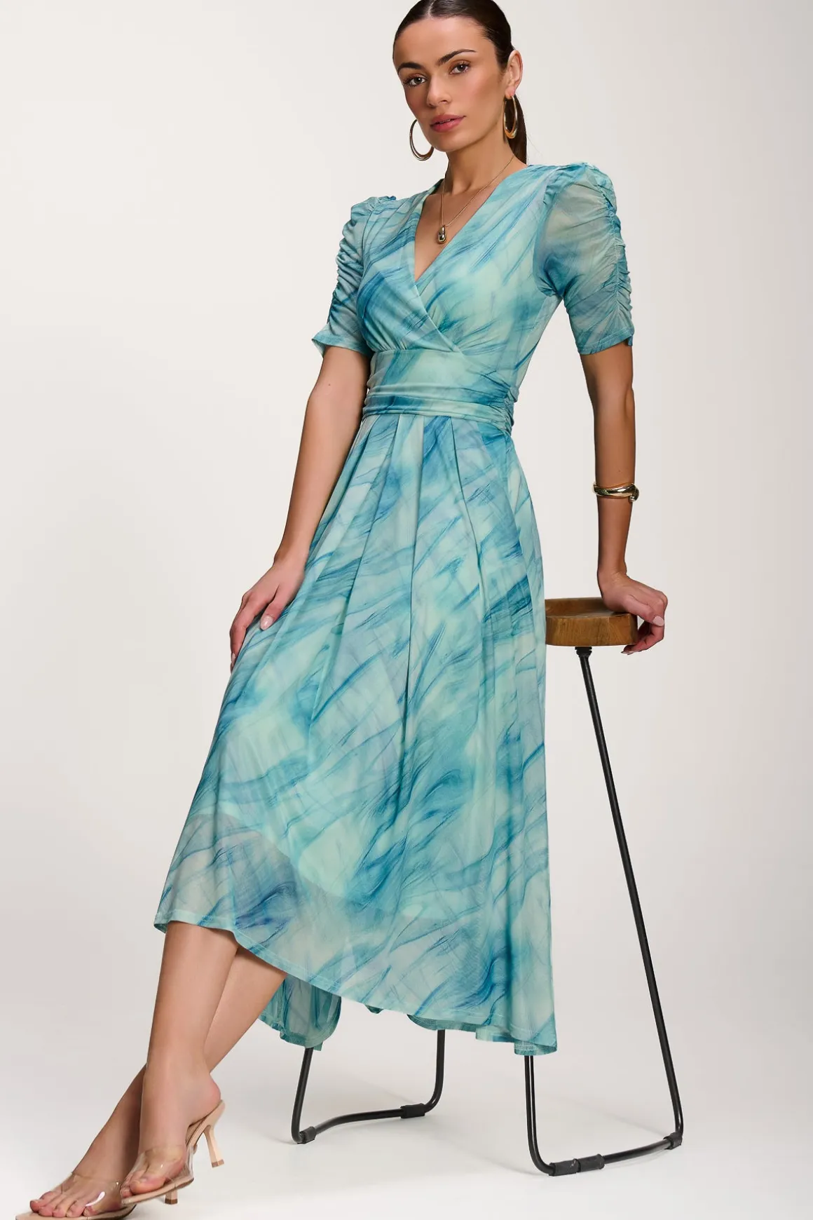 Printed Mesh Dip Hem Maxi Dress, Green Abstract