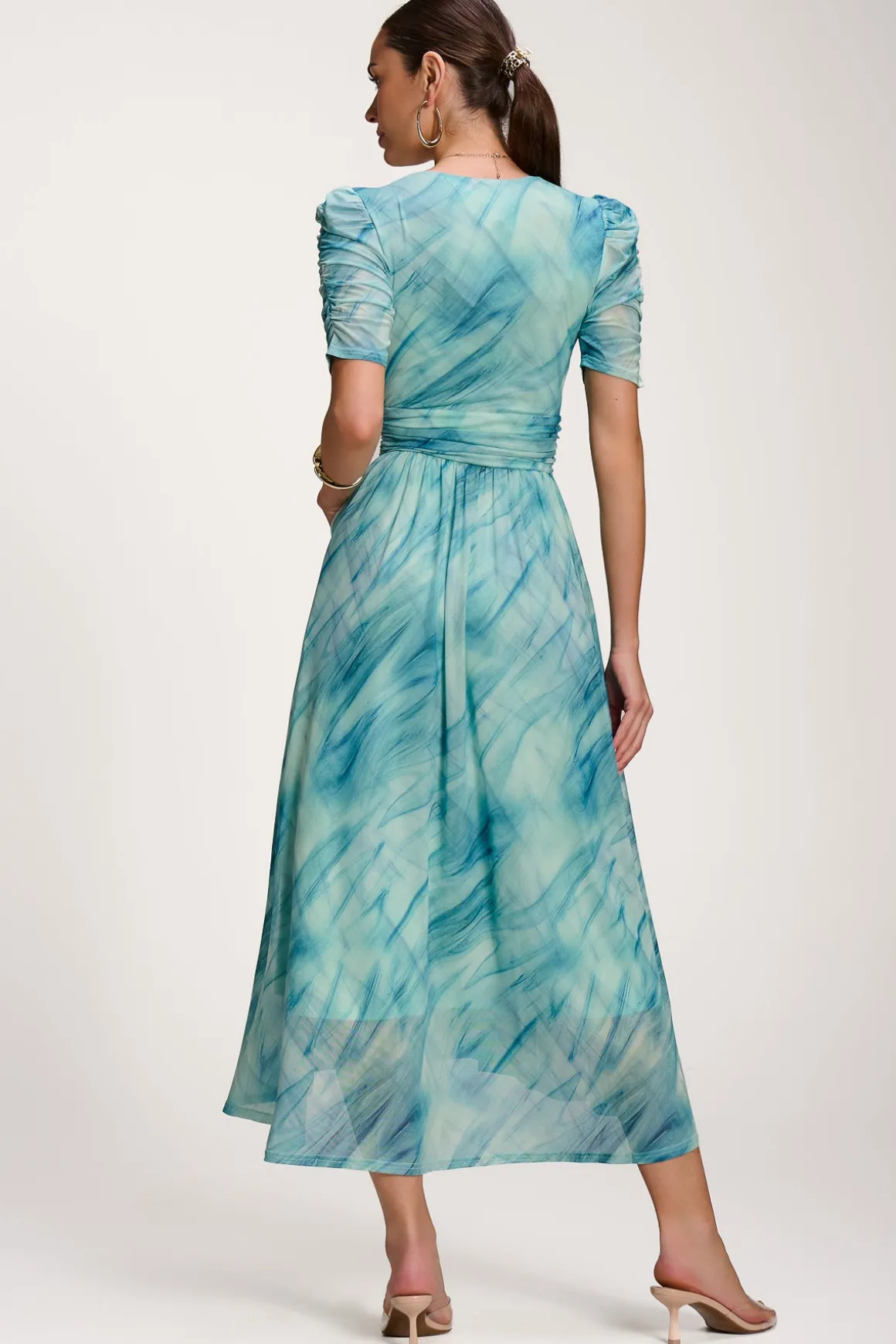 Printed Mesh Dip Hem Maxi Dress, Green Abstract