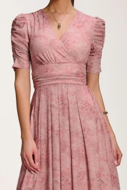 Printed Mesh Dip Hem Maxi Dress, Pink Abstract