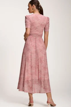 Printed Mesh Dip Hem Maxi Dress, Pink Abstract