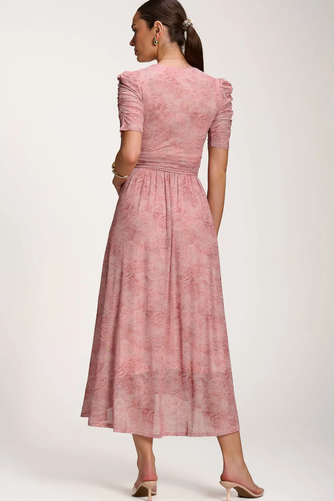Printed Mesh Dip Hem Maxi Dress, Pink Abstract