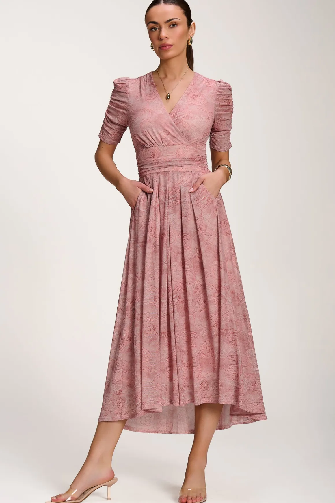 Printed Mesh Dip Hem Maxi Dress, Pink Abstract