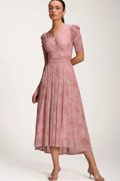 Printed Mesh Dip Hem Maxi Dress, Pink Abstract