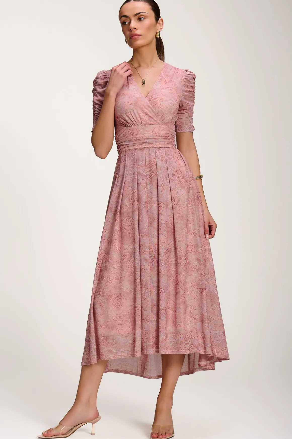 Printed Mesh Dip Hem Maxi Dress, Pink Abstract