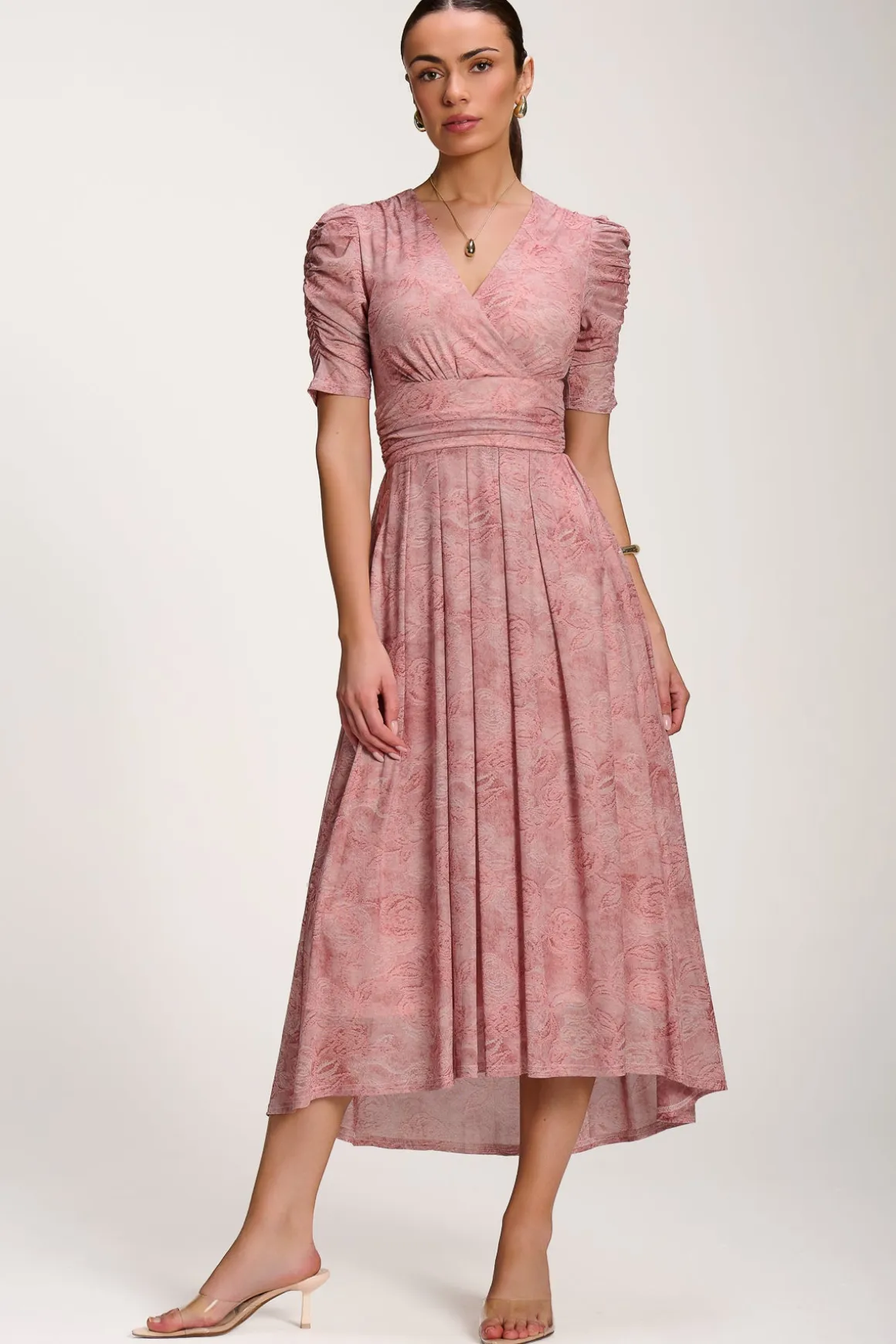 Printed Mesh Dip Hem Maxi Dress, Pink Abstract
