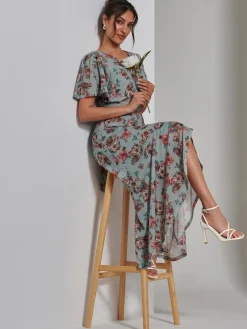 Printed Mesh Frill Dip Hem Dress, Green Floral