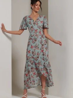 Printed Mesh Frill Dip Hem Dress, Green Floral