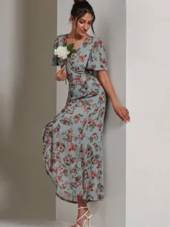 Printed Mesh Frill Dip Hem Dress, Green Floral