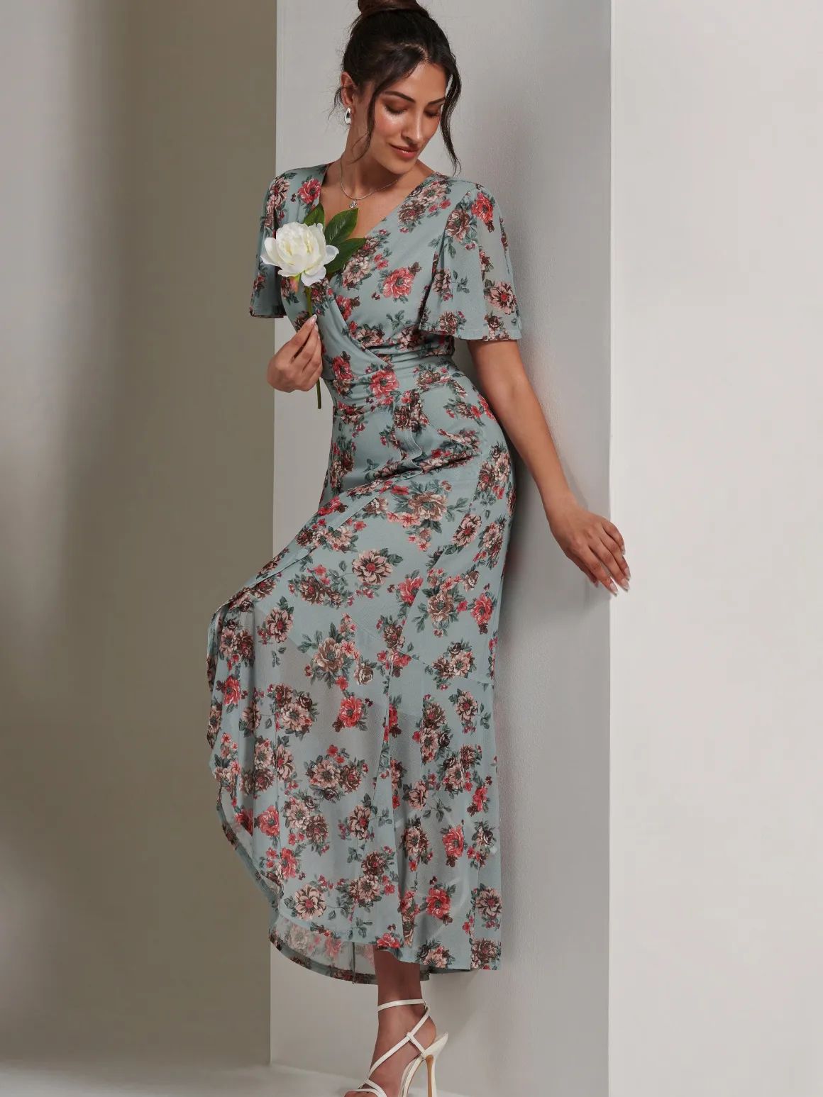 Printed Mesh Frill Dip Hem Dress, Green Floral