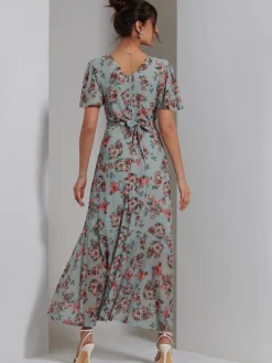 Printed Mesh Frill Dip Hem Dress, Green Floral