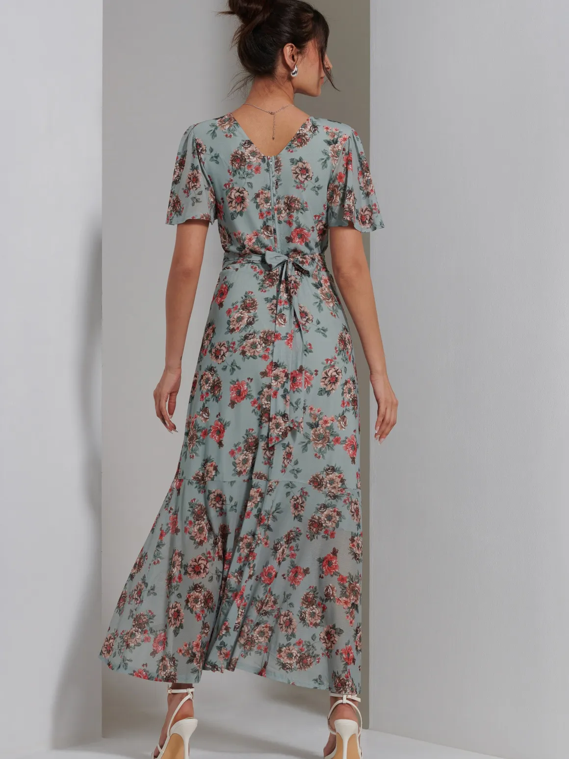 Printed Mesh Frill Dip Hem Dress, Green Floral