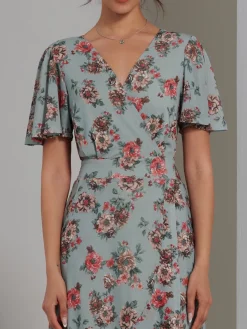 Printed Mesh Frill Dip Hem Dress, Green Floral