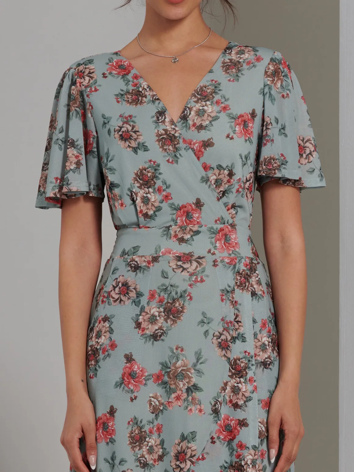 Printed Mesh Frill Dip Hem Dress, Green Floral