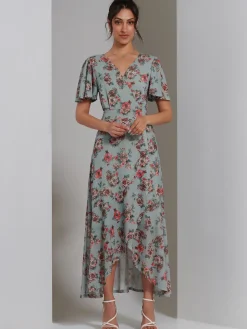 Printed Mesh Frill Dip Hem Dress, Green Floral