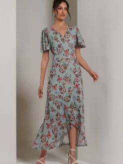 Printed Mesh Frill Dip Hem Dress, Green Floral
