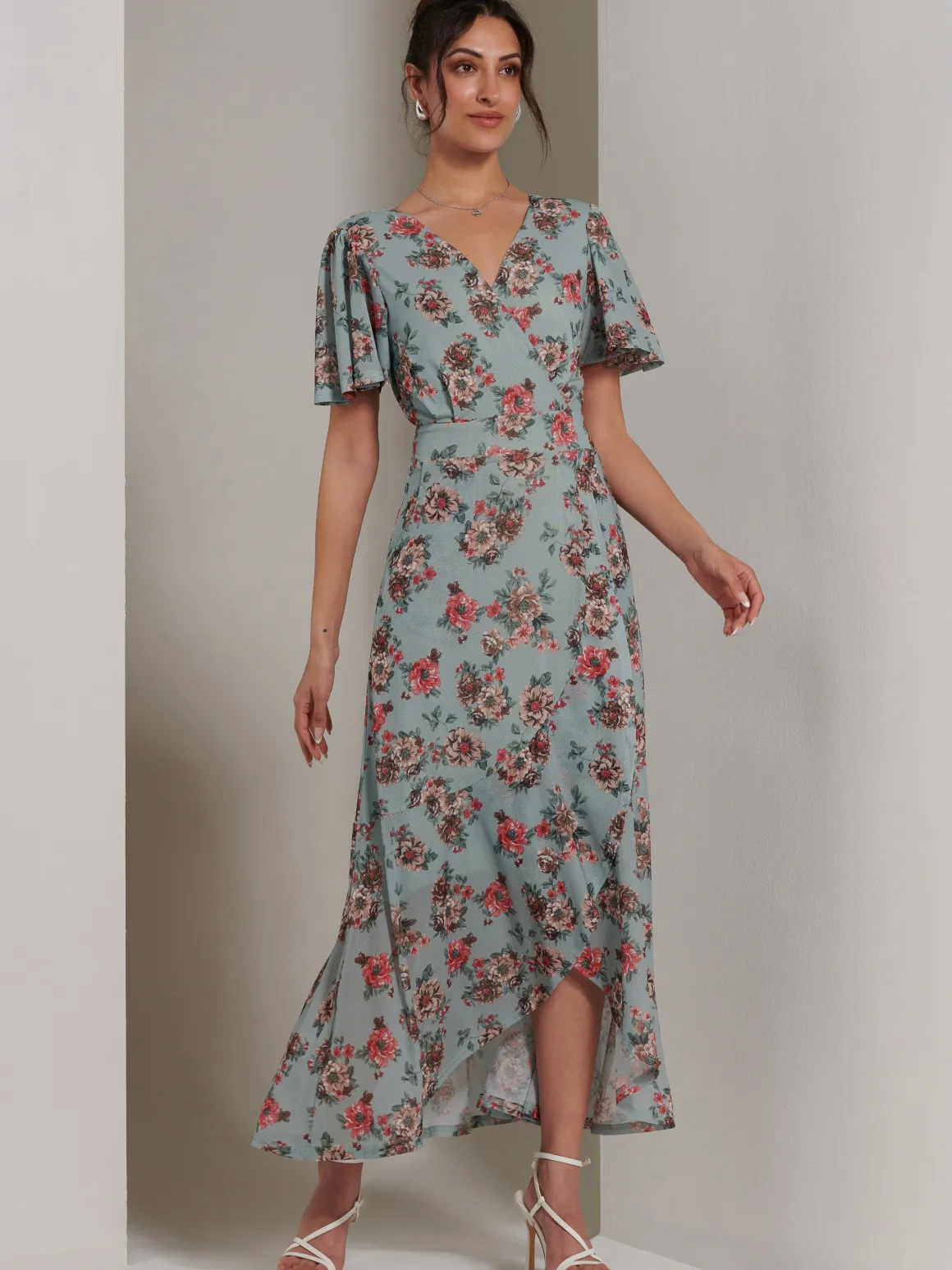 Printed Mesh Frill Dip Hem Dress, Green Floral