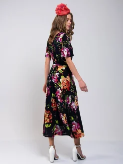 Printed Mesh Long Midi Dress, Navy Floral