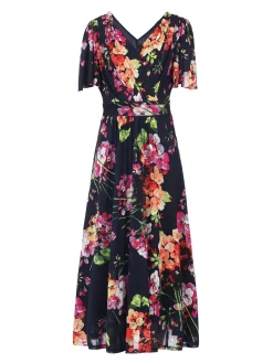 Printed Mesh Long Midi Dress, Navy Floral