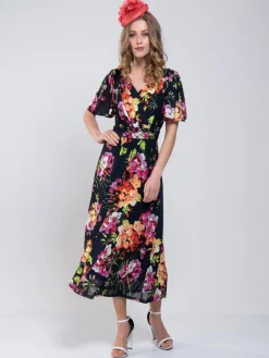 Printed Mesh Long Midi Dress, Navy Floral
