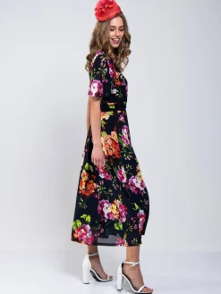Printed Mesh Long Midi Dress, Navy Floral