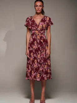 Printed Ruffle Detail Pleated Chiffon Midi, Burgundy Floral