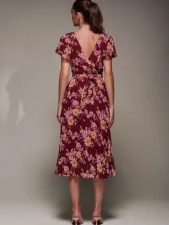 Printed Ruffle Detail Pleated Chiffon Midi, Burgundy Floral