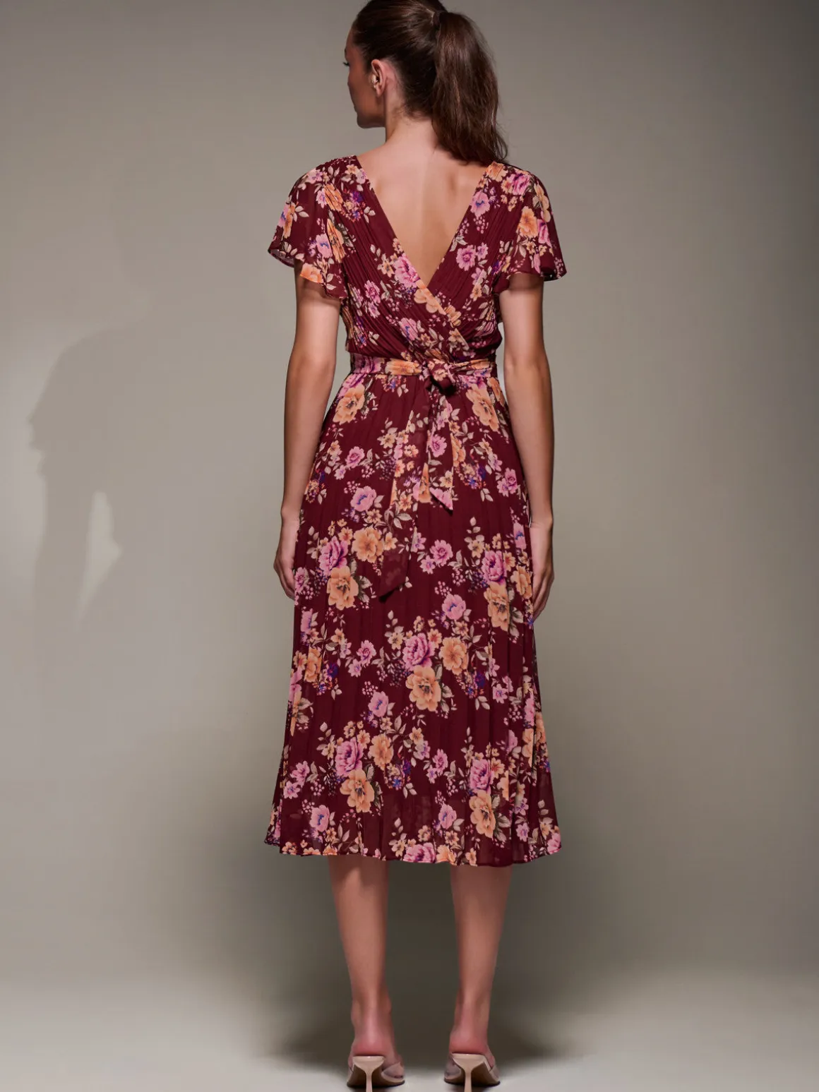 Printed Ruffle Detail Pleated Chiffon Midi, Burgundy Floral