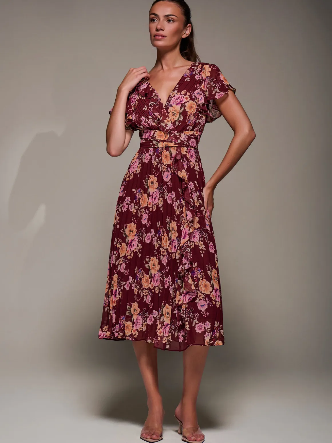 Printed Ruffle Detail Pleated Chiffon Midi, Burgundy Floral