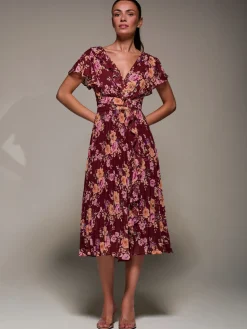 Printed Ruffle Detail Pleated Chiffon Midi, Burgundy Floral