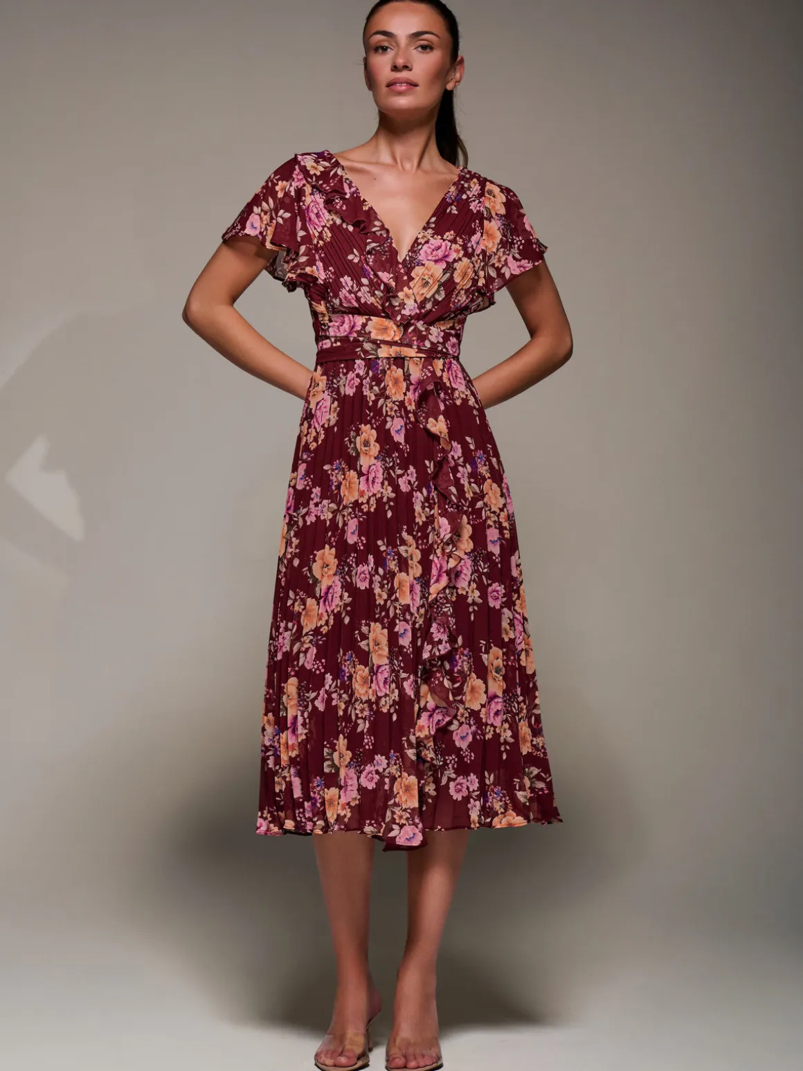 Printed Ruffle Detail Pleated Chiffon Midi, Burgundy Floral