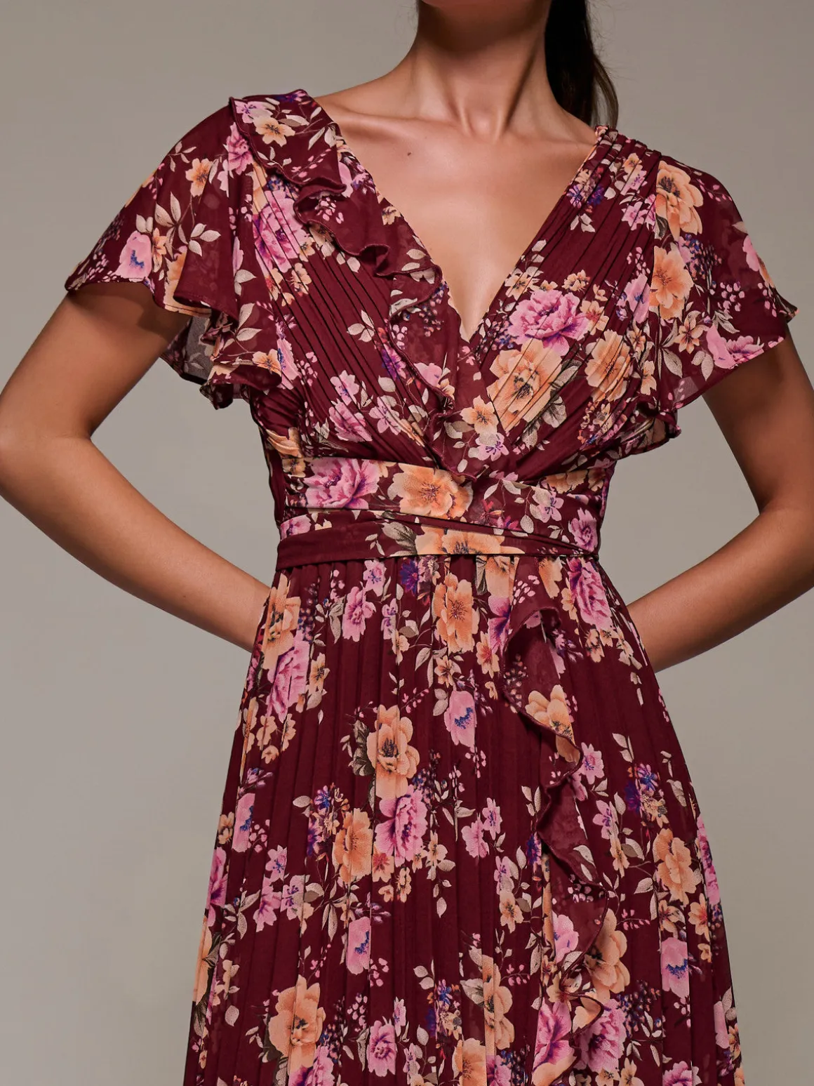 Printed Ruffle Detail Pleated Chiffon Midi, Burgundy Floral