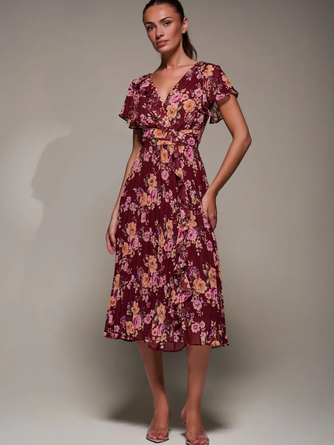 Printed Ruffle Detail Pleated Chiffon Midi, Burgundy Floral