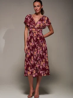 Printed Ruffle Detail Pleated Chiffon Midi, Burgundy Floral