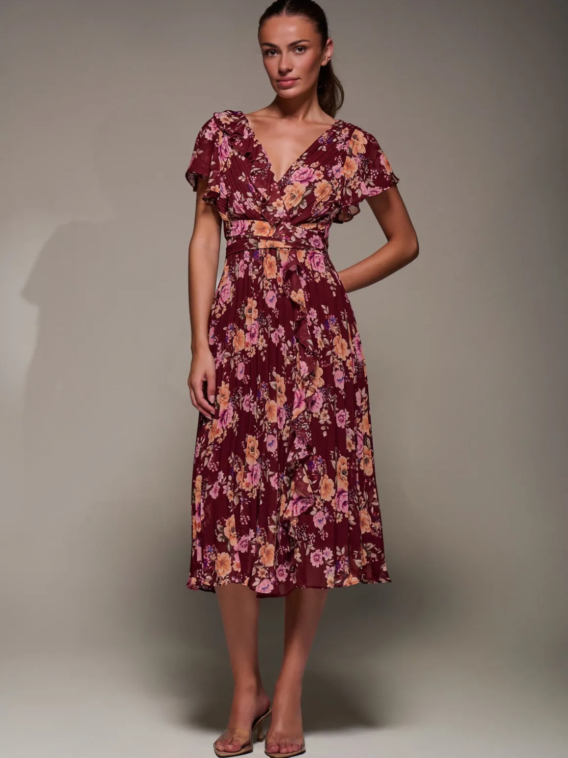 Printed Ruffle Detail Pleated Chiffon Midi, Burgundy Floral