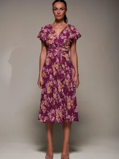 Printed Ruffle Detail Pleated Chiffon Midi, Fuchsia Floral